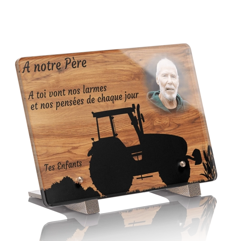 Plaque Funéraire Bois Chêne Tracteur