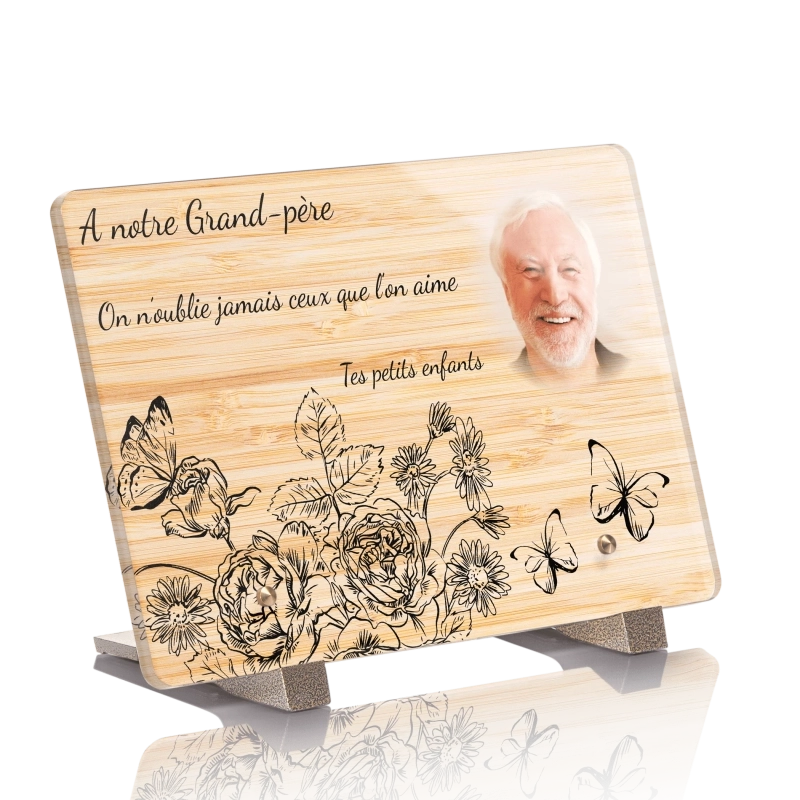 Plaque Funéraire Bois Bamboo Fleurs Papillons