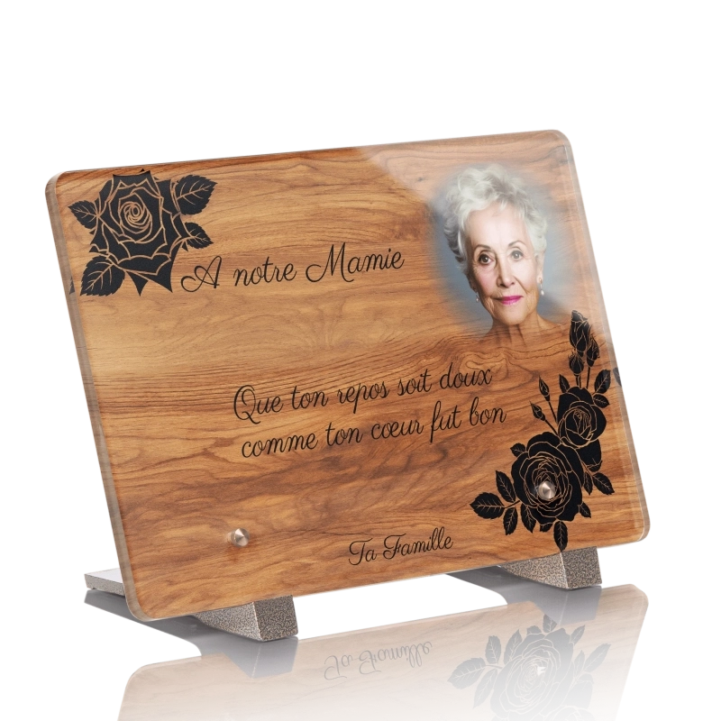 Plaque Funéraire Bois Chêne Roses