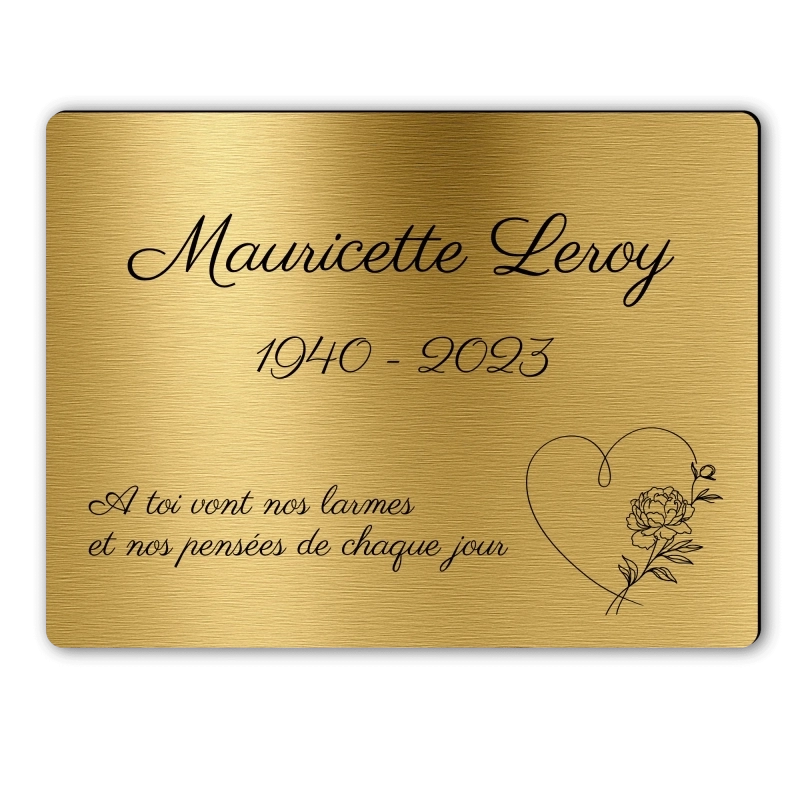 Plaque Funéraire Rectangle Gravée Coeur Pivoine