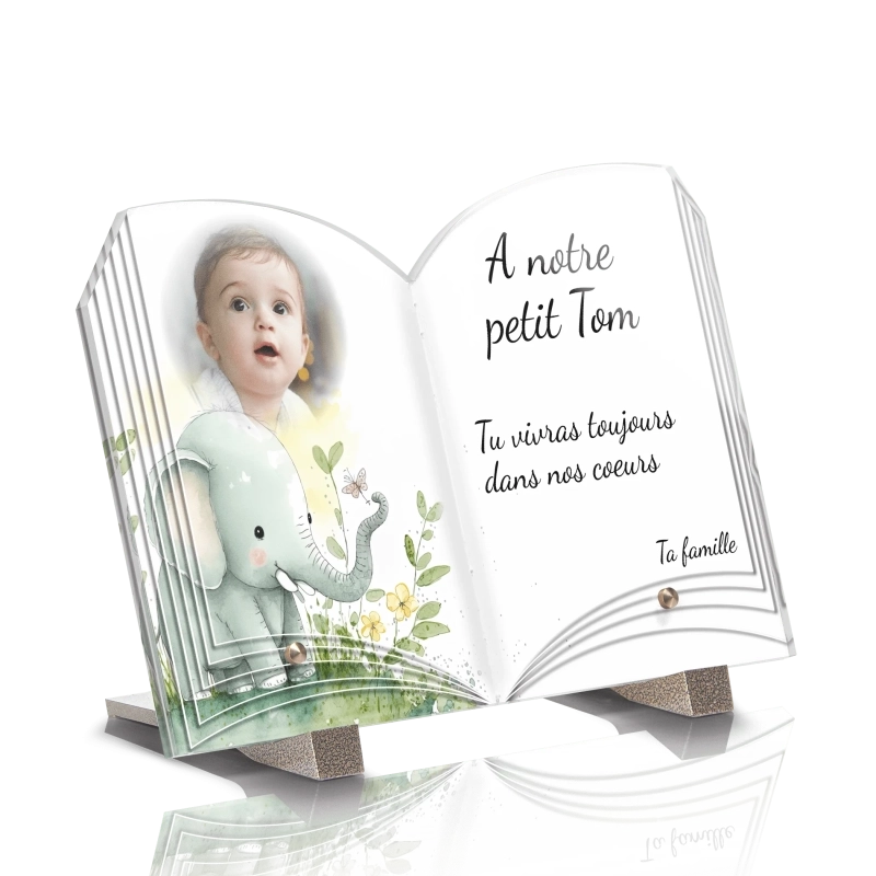 Plaque Funéraire Livre Enfant Éléphant Aquarelle